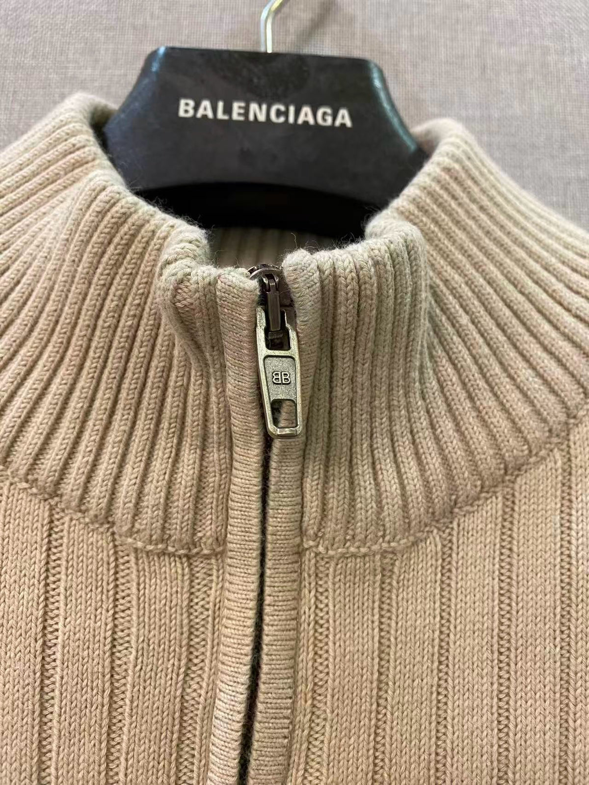 Beige Wool Ribbed Half-Zip - Men's