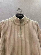 Beige Wool Ribbed Half-Zip - Men's