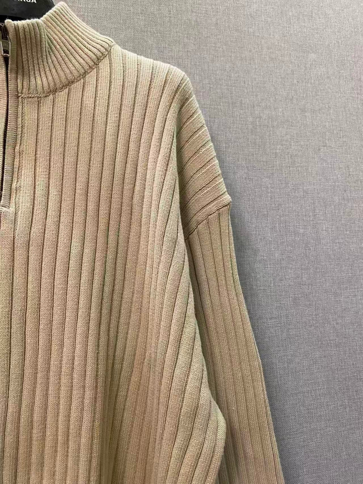 Beige Wool Ribbed Half-Zip - Men's