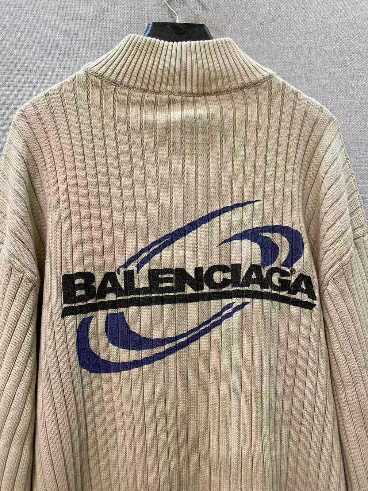 Beige Wool Ribbed Half-Zip - Men's