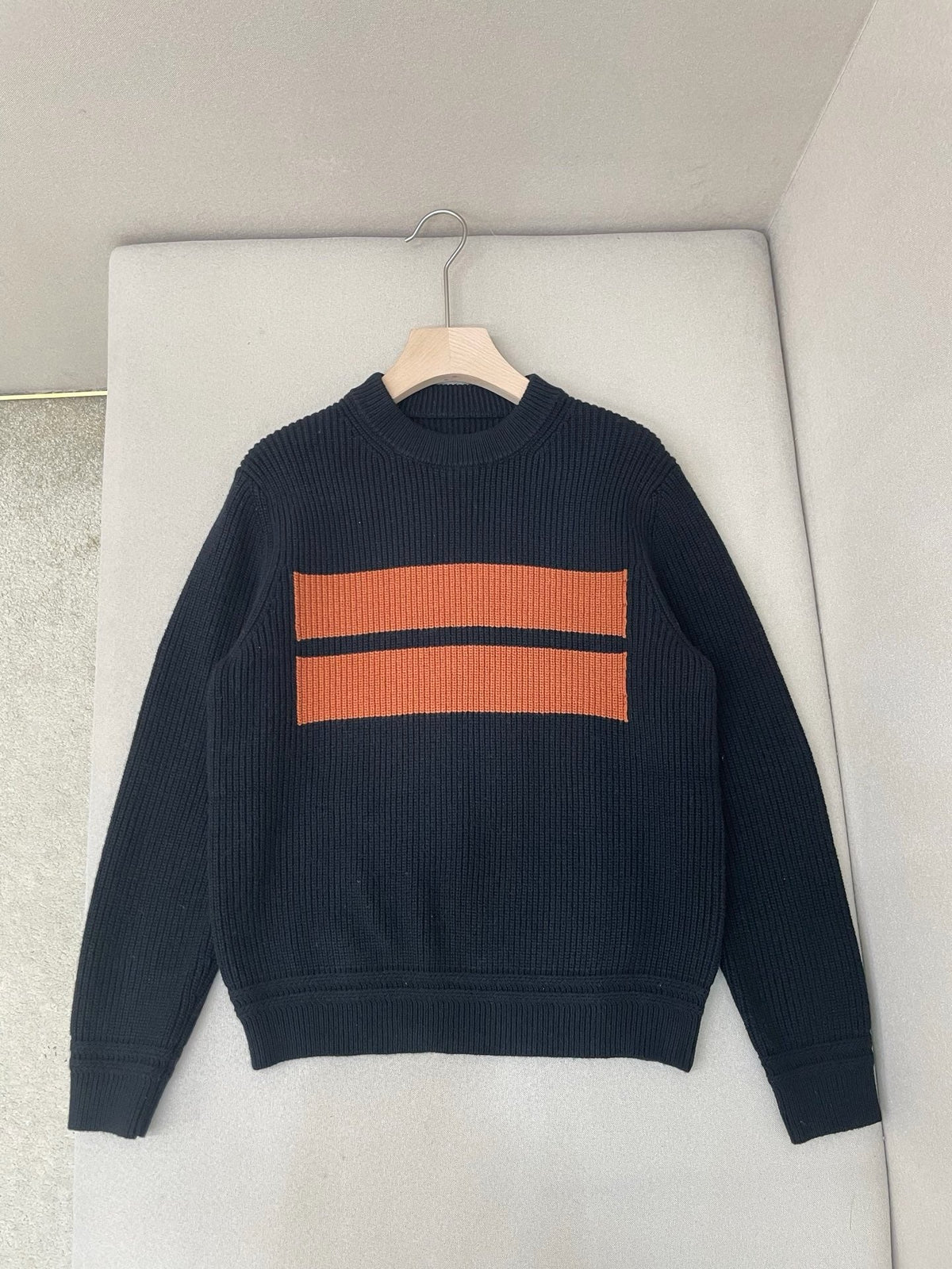 Navy Wool Chest Stripe Crewneck - Men's