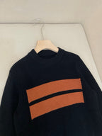 Navy Wool Chest Stripe Crewneck - Men's
