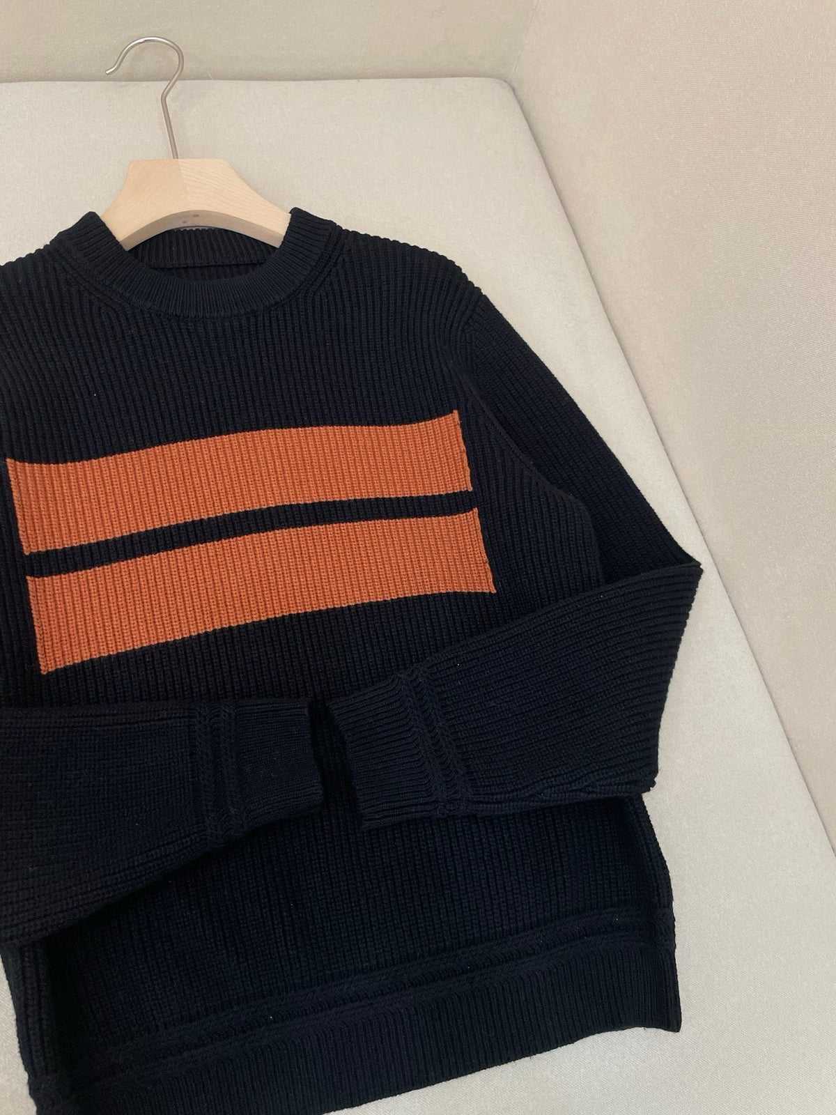 Navy Wool Chest Stripe Crewneck - Men's