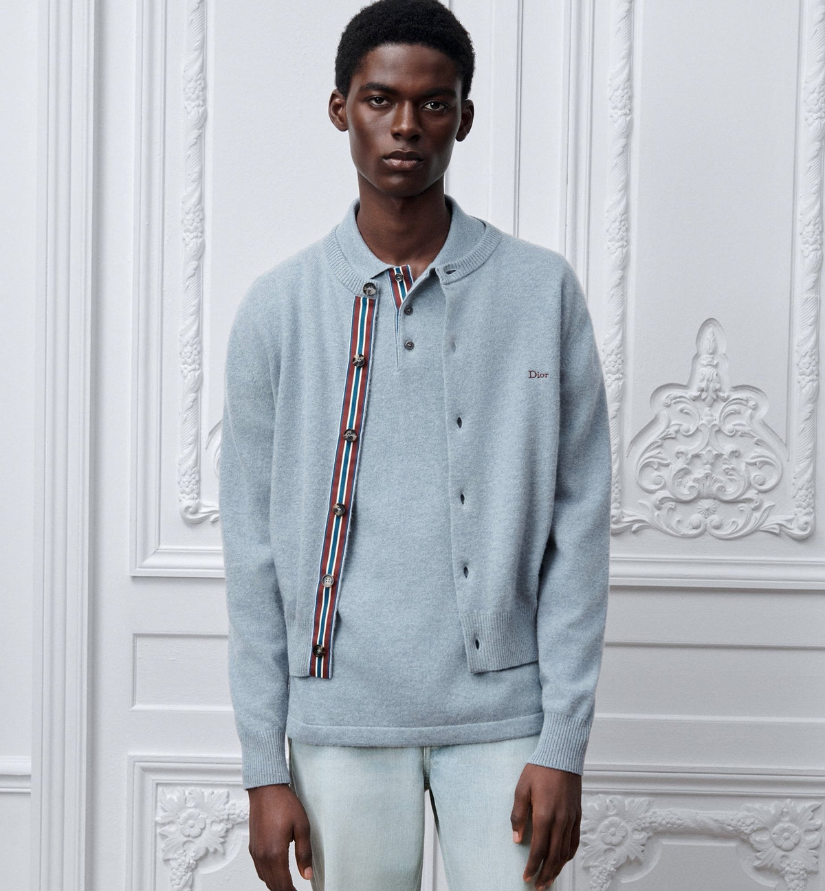 Blue Wool Plain Cardigan - Men's