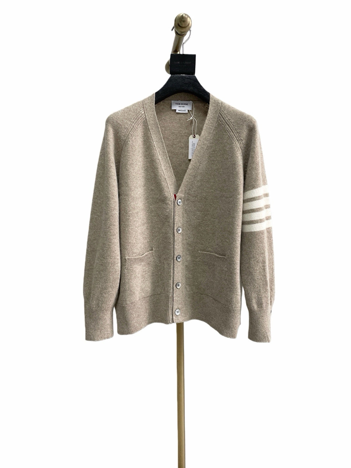 Beige Wool Bar Stripe Cardigan - Men's