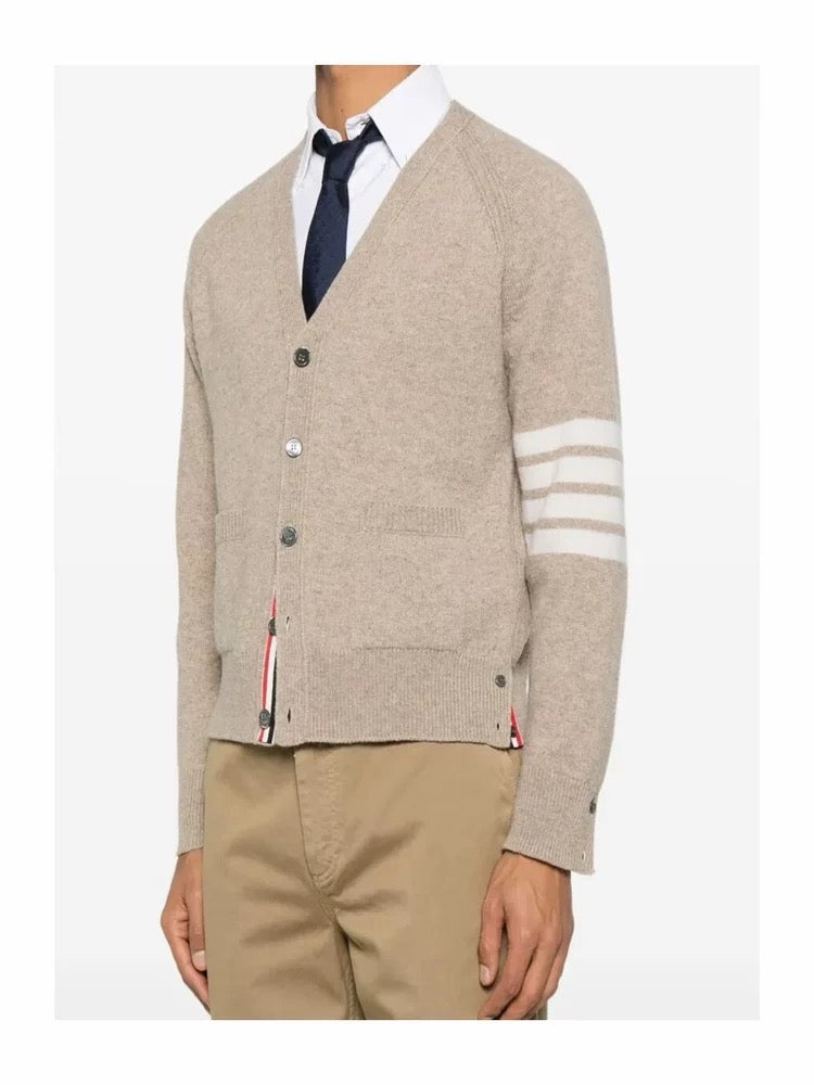Beige Wool Bar Stripe Cardigan - Men's
