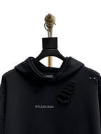 Black Cotton Distressed Pullover - Men's