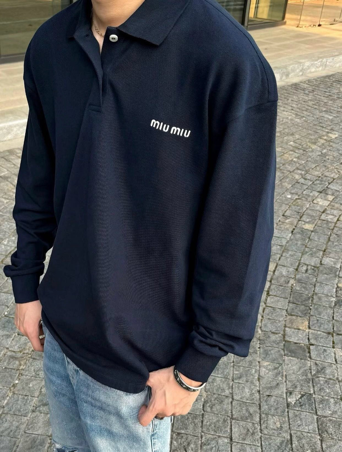 Navy Cotton Plain Long-Sleeve - Men's
