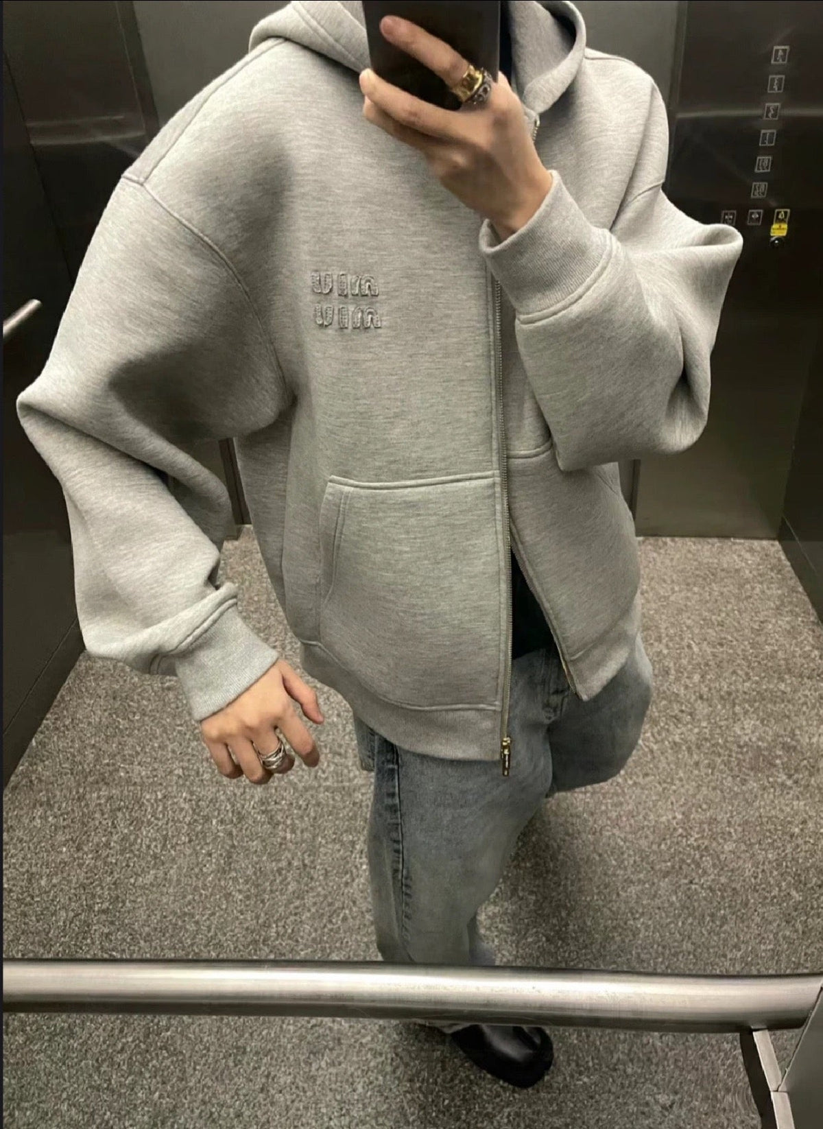 Grey Cotton Plain Zip-Through - Men's