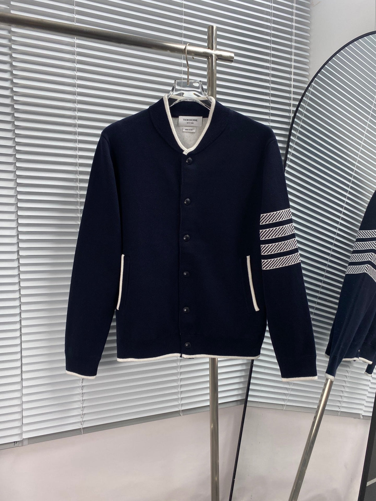 Navy Wool Four-Bar Cardigan - Men's