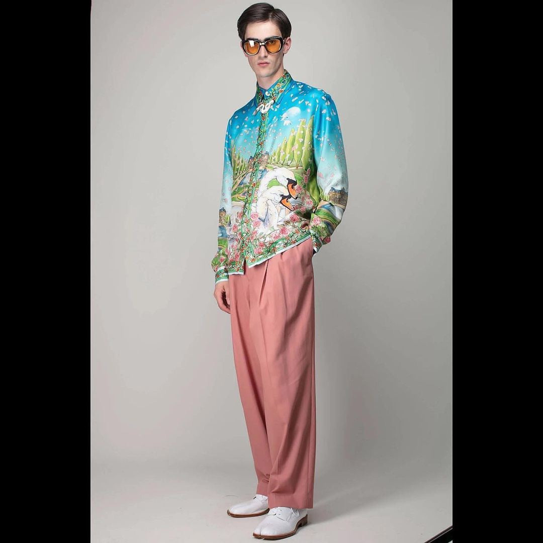 Blue Landscape Print Silk Shirt - Men's