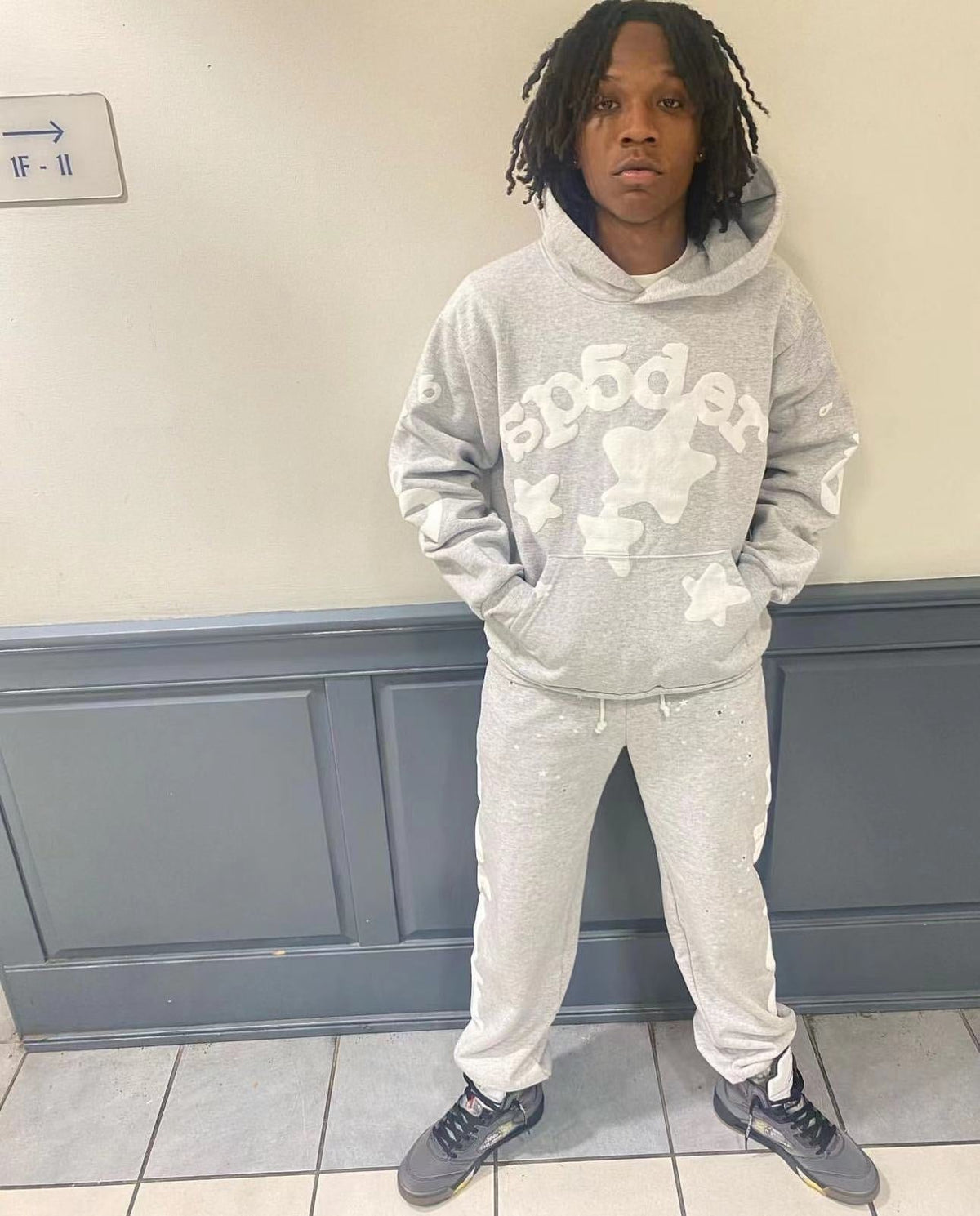 Grey Cotton Star Print Pullover - Men's