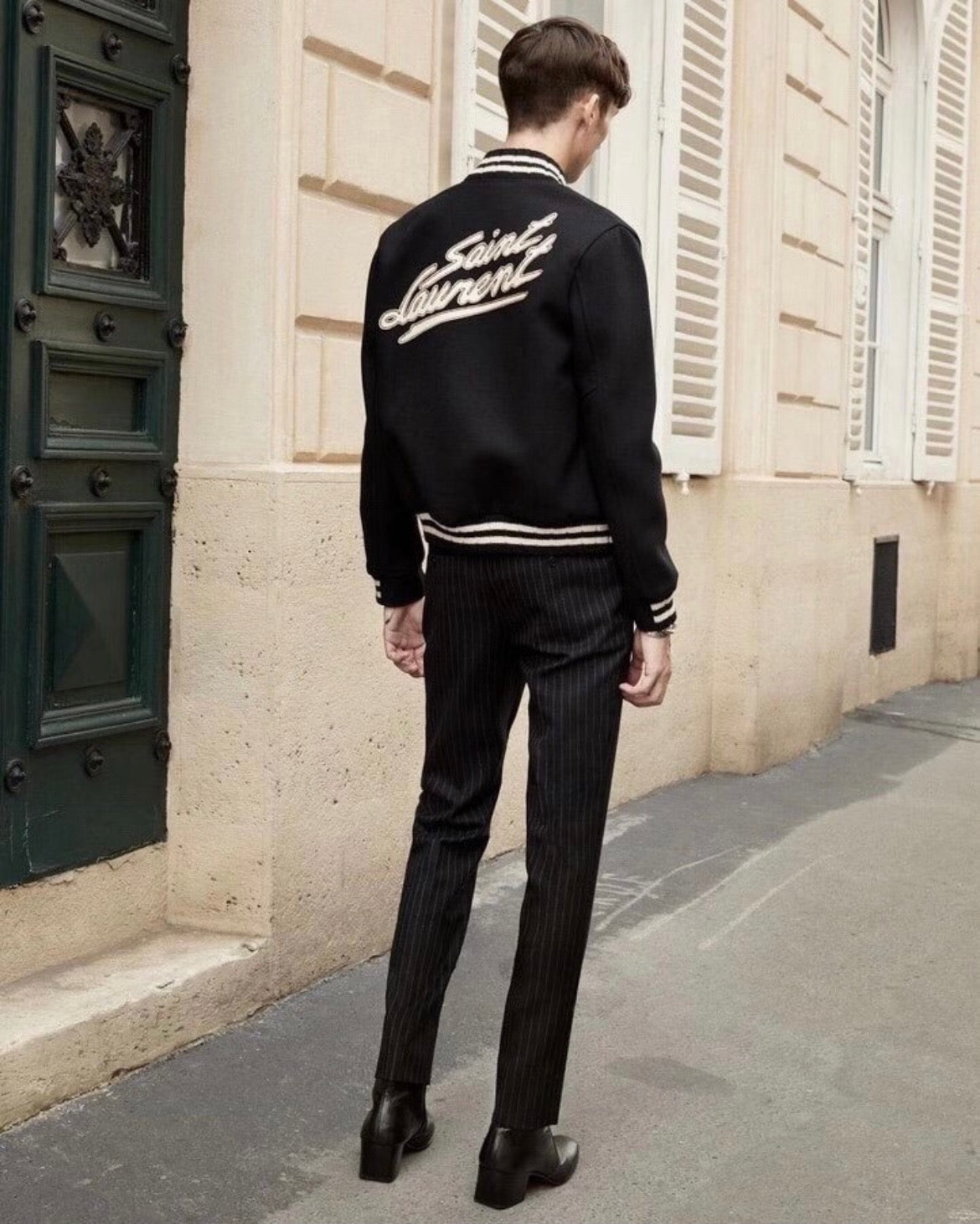 Black Wool Striped Trim Varsity - Men's