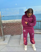 Burgundy Cotton Tonal Print Joggers - Men's