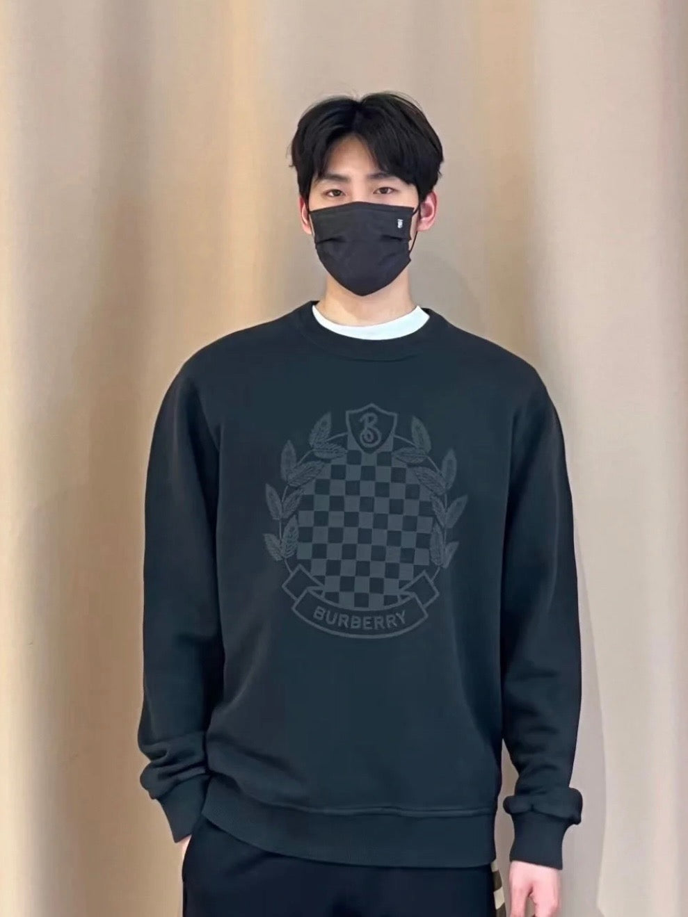 Black Cotton Tonal Print Crewneck - Men's