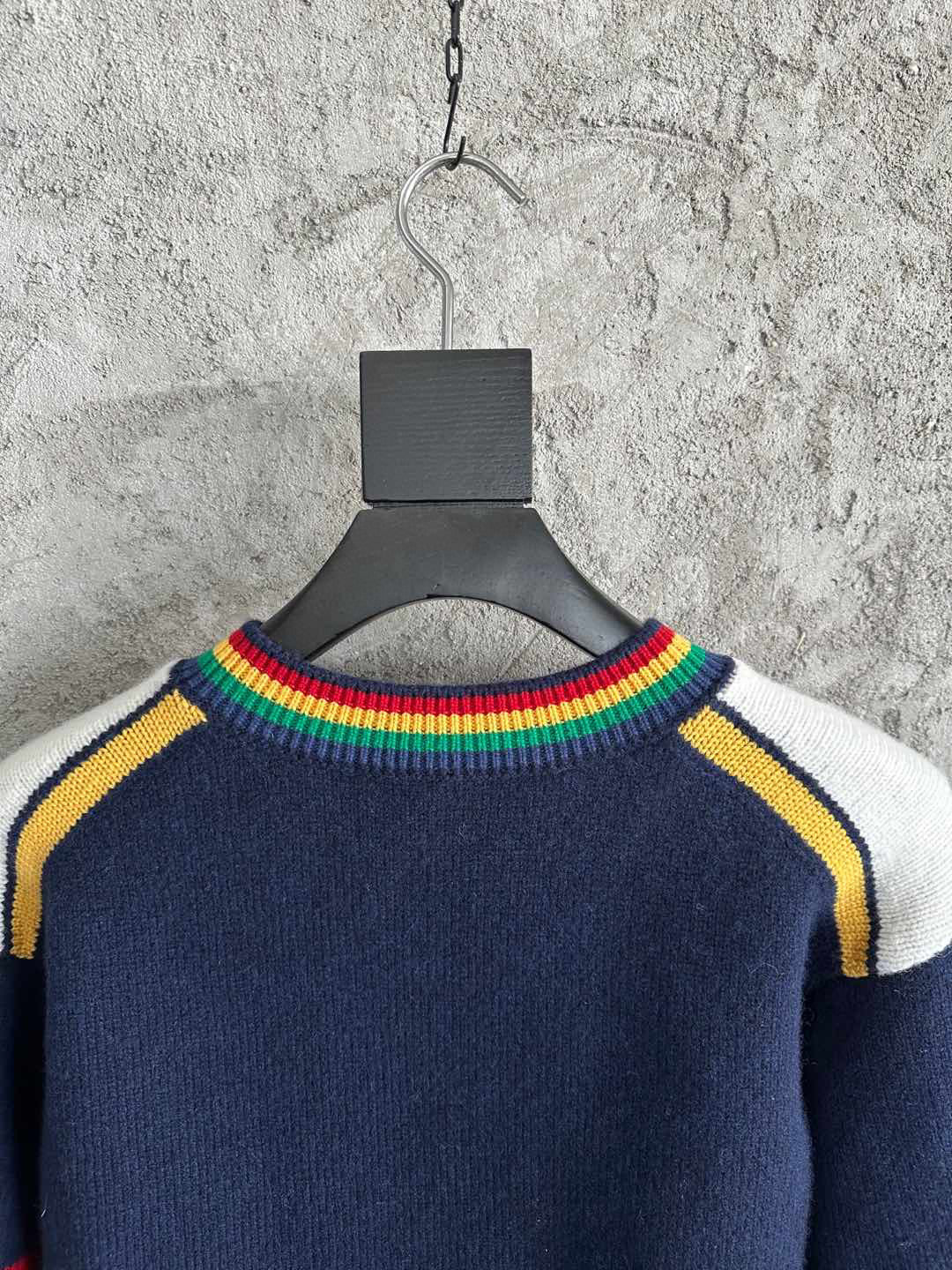 Navy Wool Crest Intarsia Crewneck - Men's