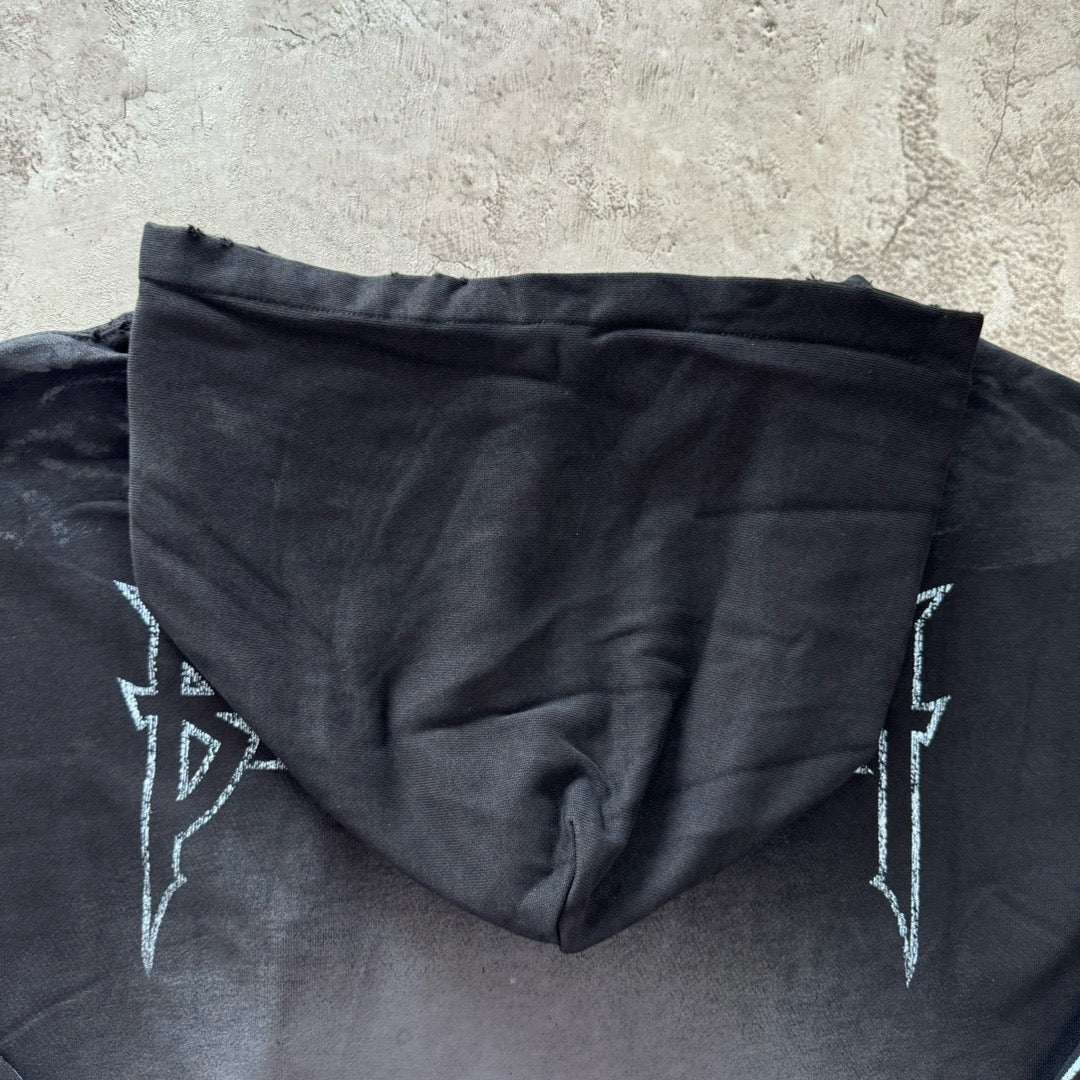 Black Cotton Washed Graphic Pullover - Men's