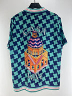 Teal Checkerboard Print Silk Shirt - Men's