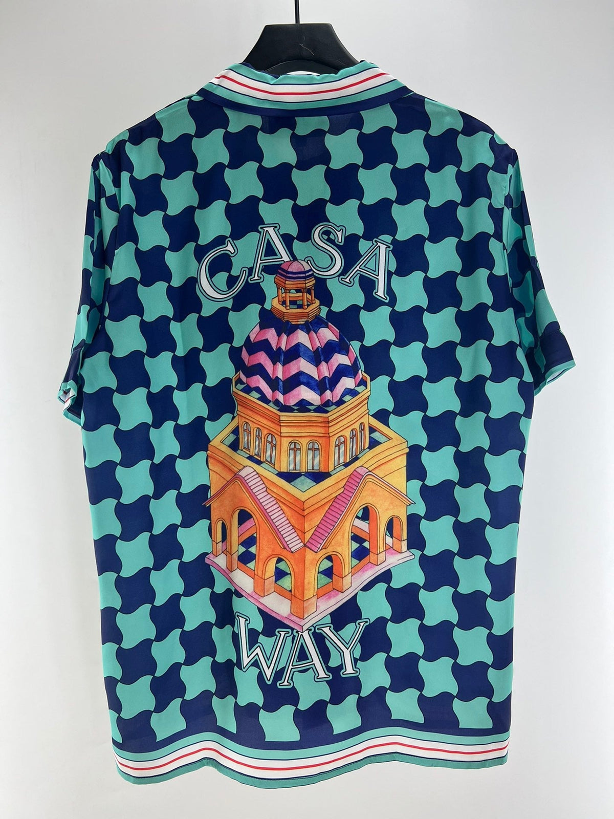 Teal Checkerboard Print Silk Shirt - Men's