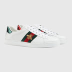 Ace Embroidered Sneaker – black leather with red leather detail on the heel of one shoe and blue on the other – LUX VERSE Luxury Designer Fashion Outlet