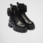 Monolith leather and Re-Nylon boots with pouch – a removable pouch featuring the iconic enameled metal triangle logo decorates – LUX VERSE Luxury Designer Fashion Outlet