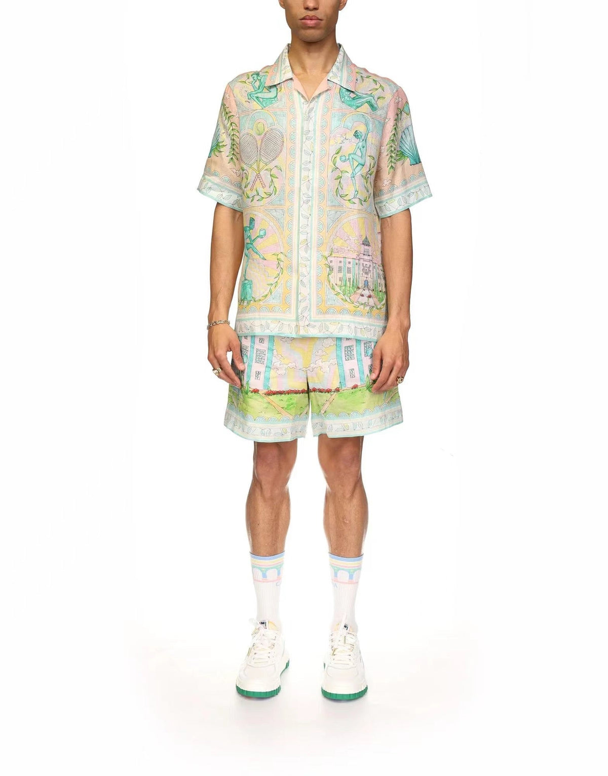 Cream Scenic Print Silk Shirt - Men's