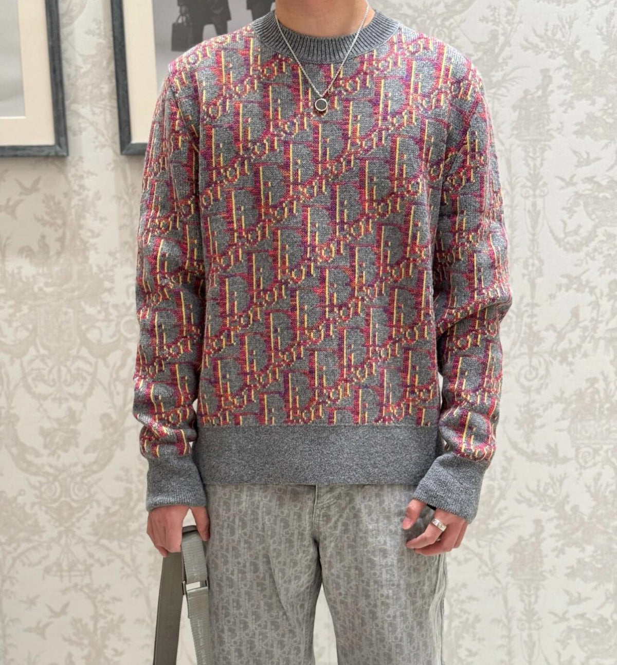 Orange Jacquard Pattern Crewneck - Men's