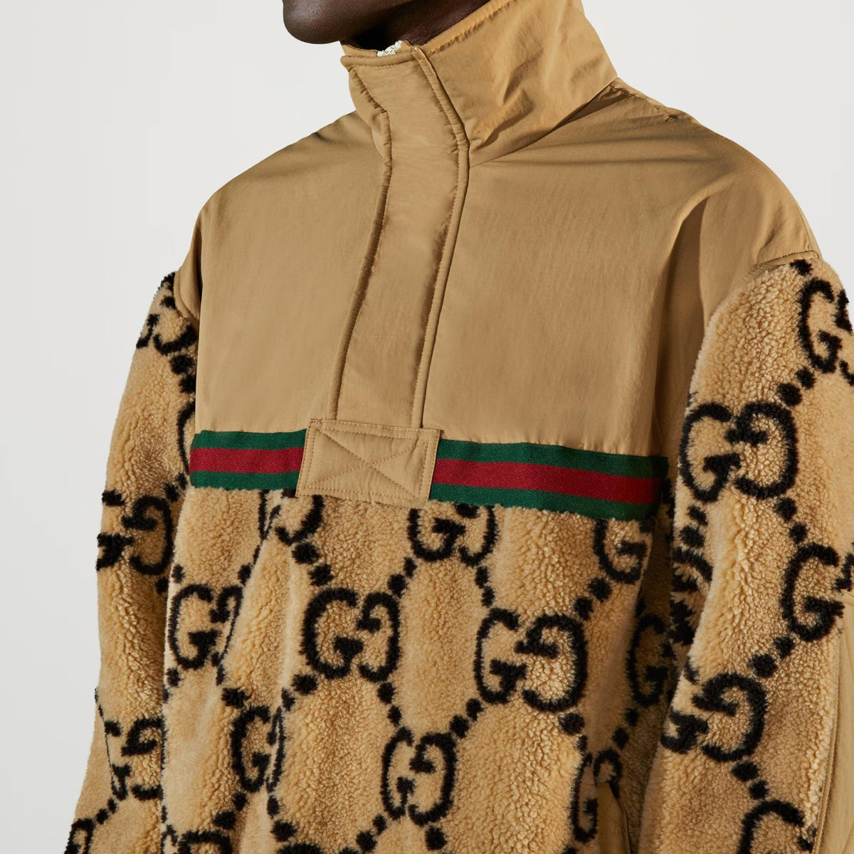 Gg Jacquard Half-zip Jacket – beige and ebony GG jacquard fabric and light matte nylon Green and red Web detail – LUX VERSE Luxury Designer Fashion Outlet