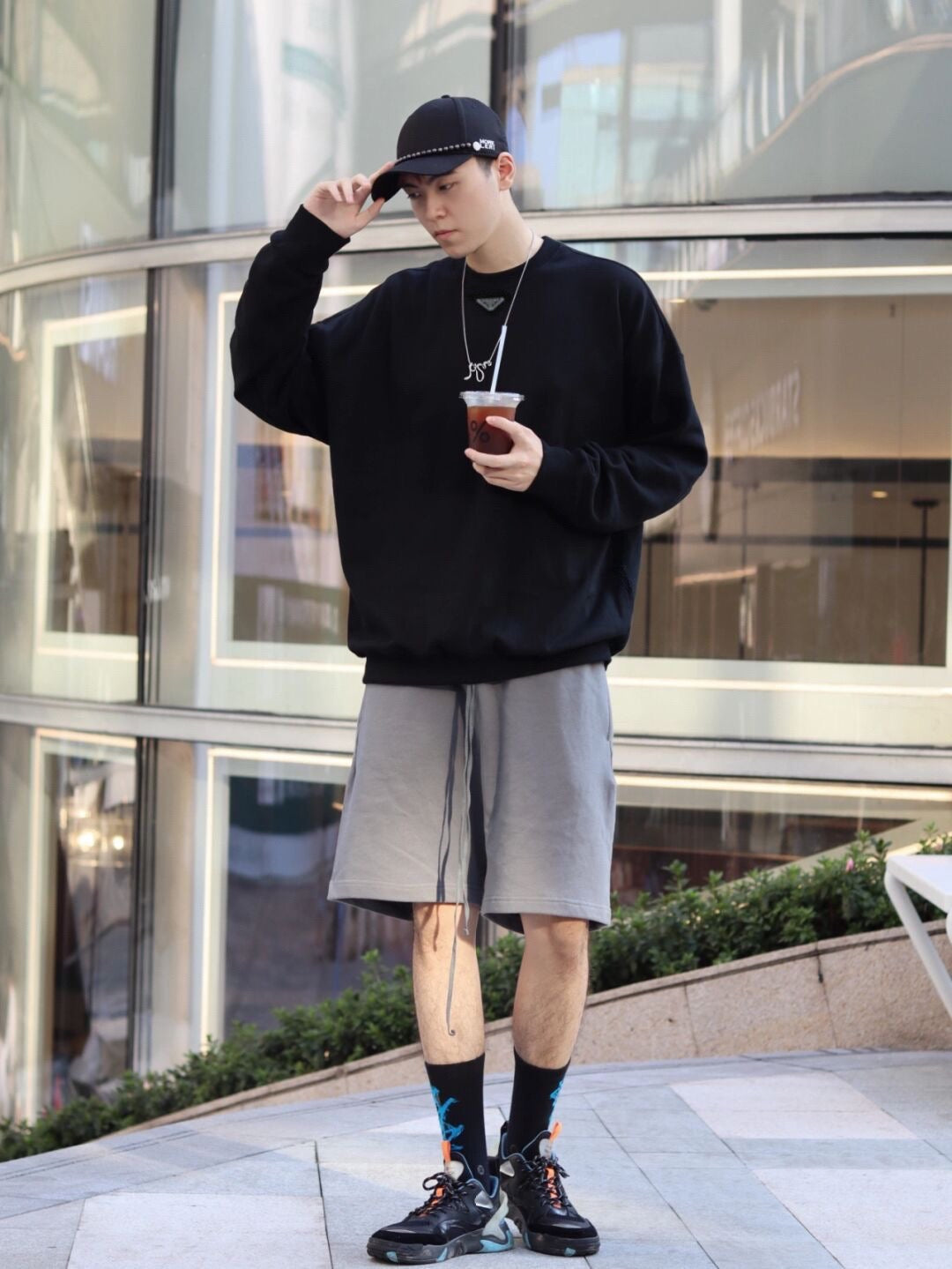 Black Cotton Triangle Logo Long-Sleeve - Men's