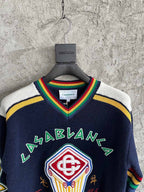 Navy Wool Crest Intarsia Crewneck - Men's