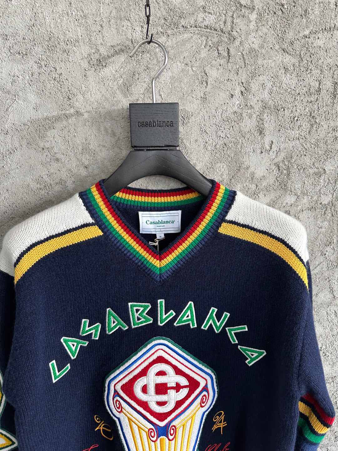 Navy Wool Crest Intarsia Crewneck - Men's