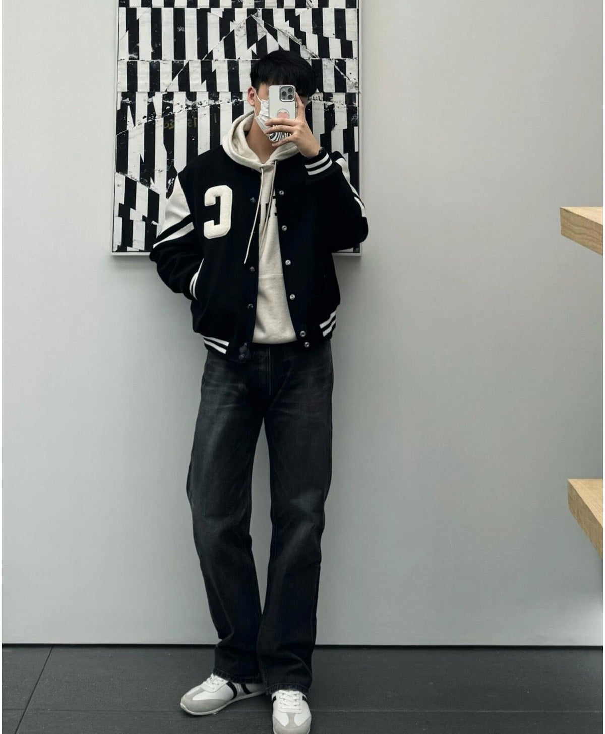 Black Wool Contrast Sleeve Varsity - Men's