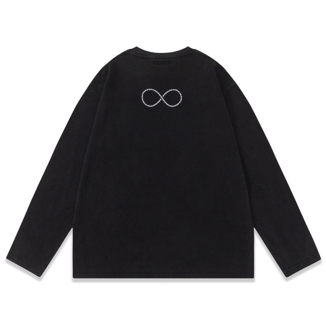 Black Cotton Motif Crewneck - Men's