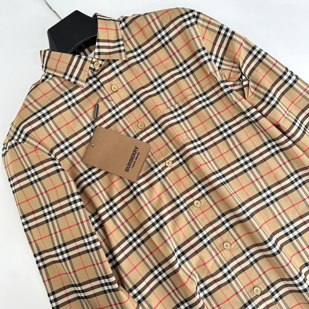 Beige Cotton Vintage Check Long-Sleeve - Men's