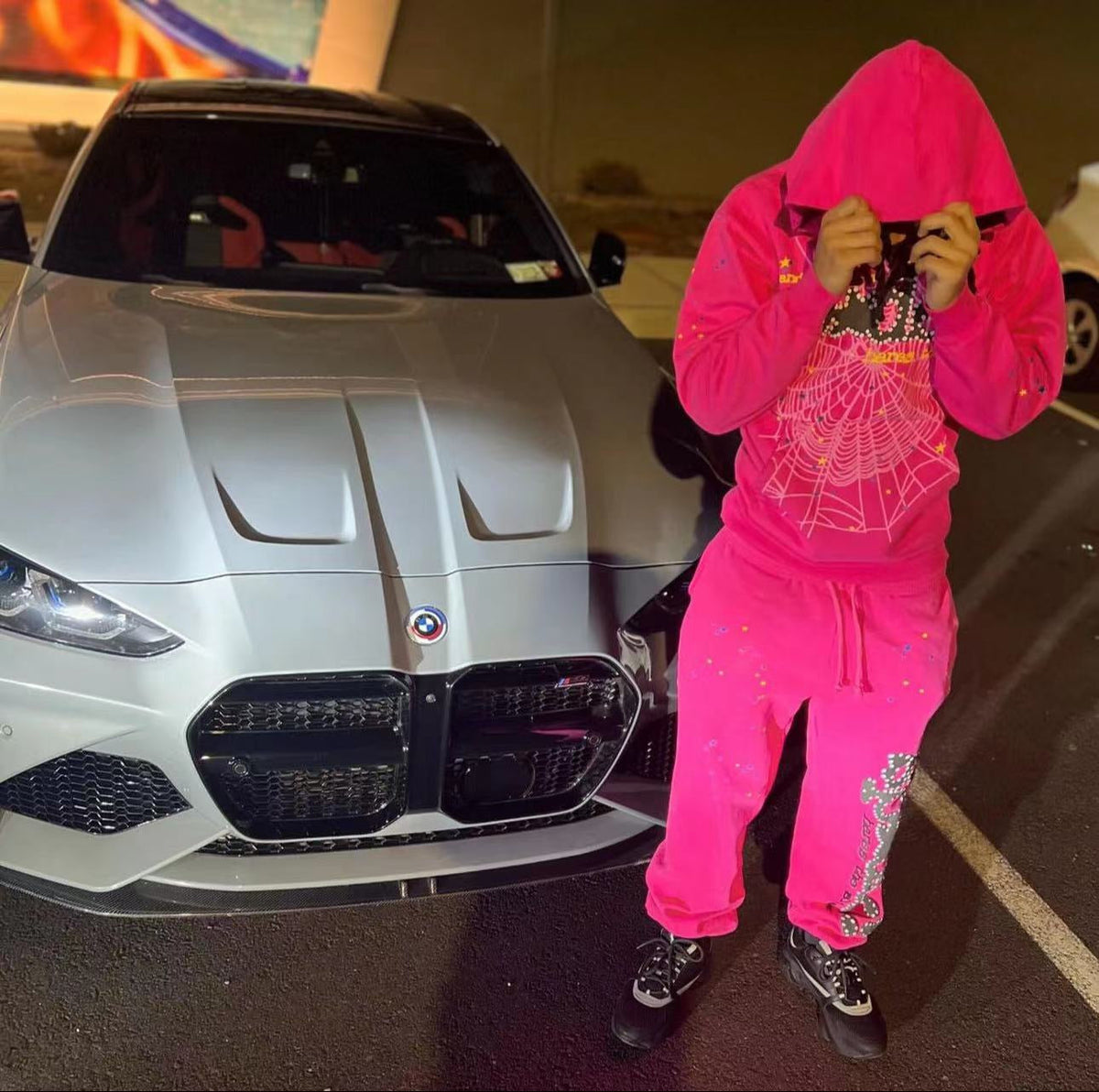 Pink Cotton Graphic Joggers - Men's