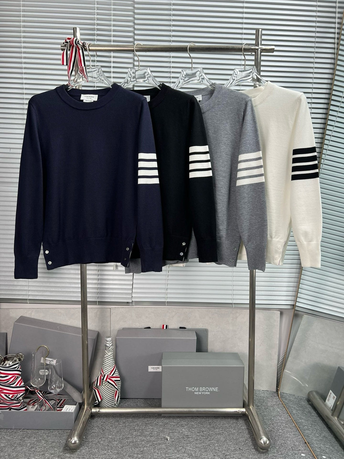 4-Bar Crewneck Cream Sweater - Men's