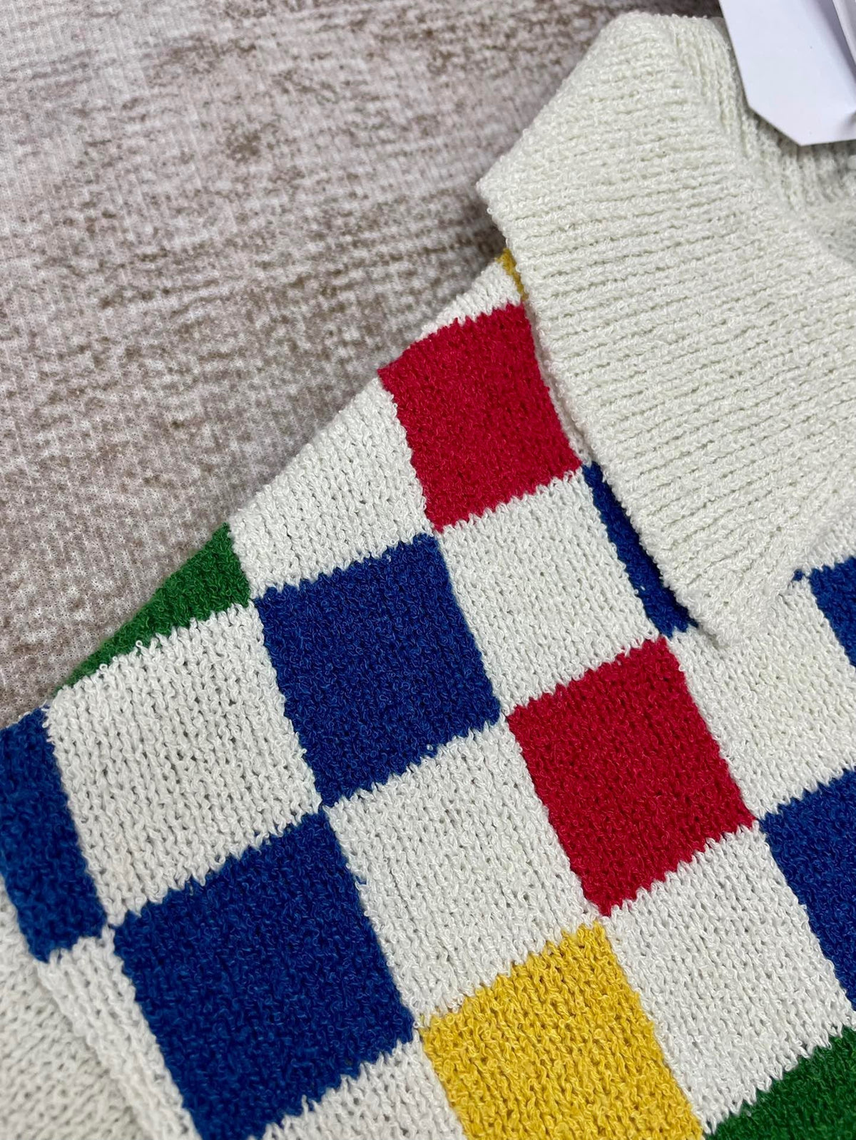 Checkerboard Yoke Knit Polo Shirt - Men's
