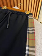 Black Cotton Check Panel Joggers - Men's