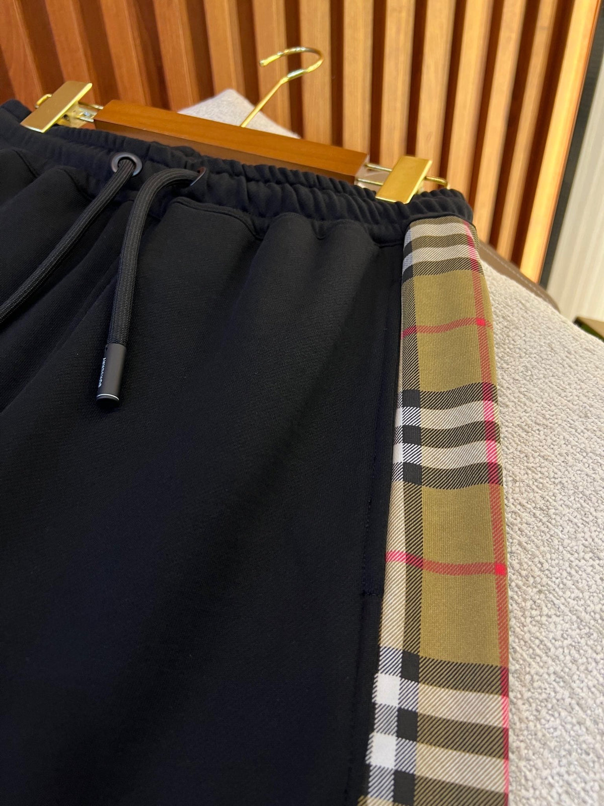 Black Cotton Check Panel Joggers - Men's