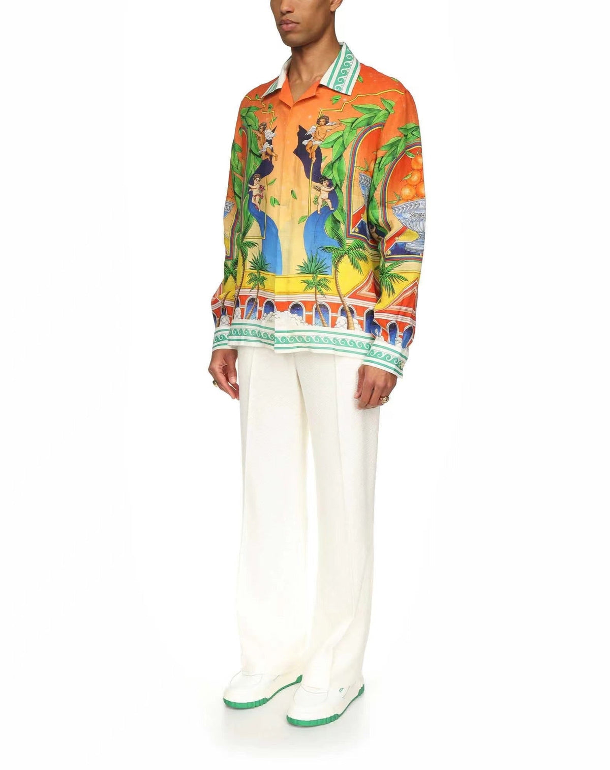 Orange Tropical Print Silk Shirt - Men's