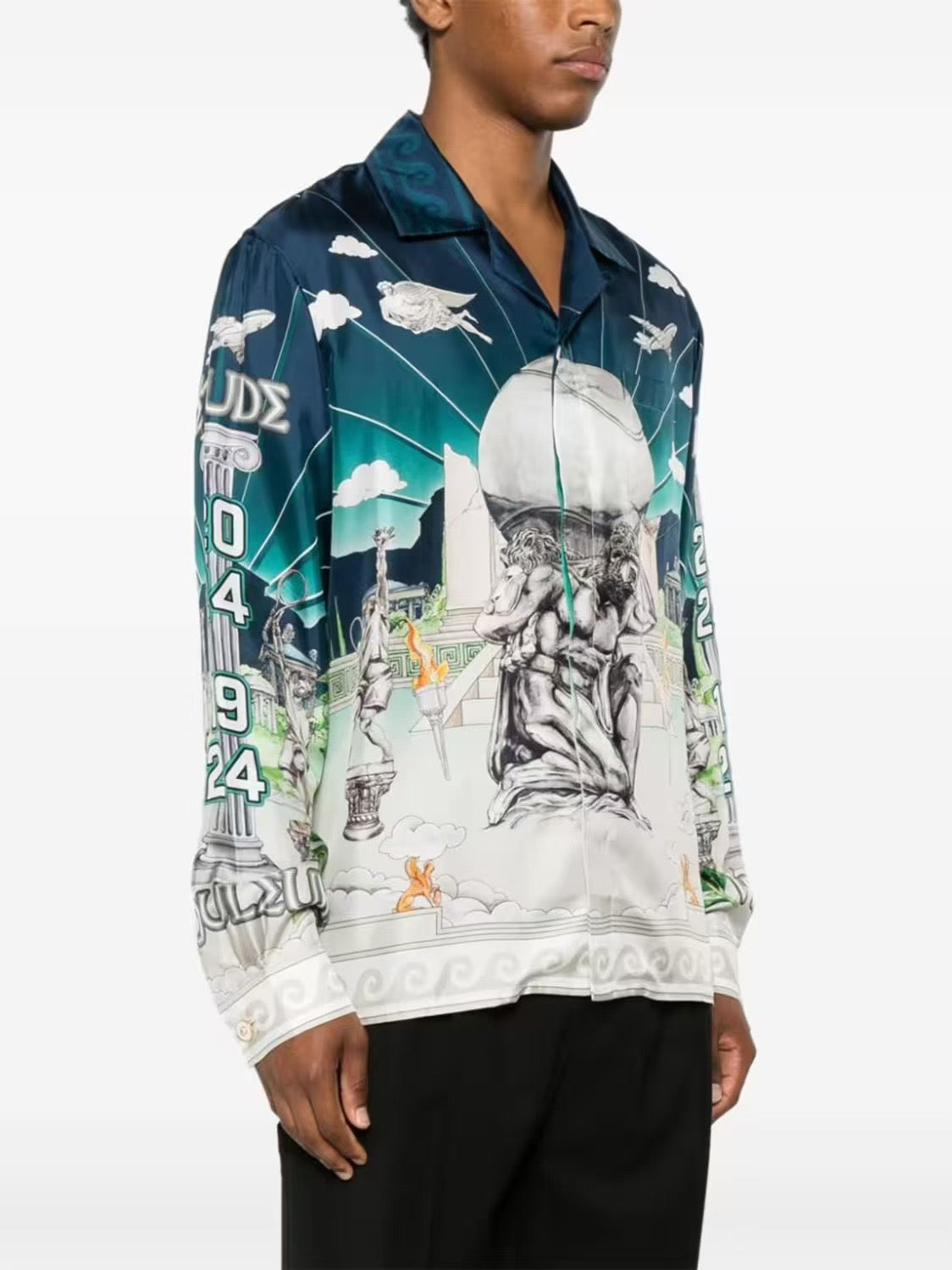 Navy Scenic Print Silk Shirt - Men's