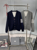 Grey Wool Bar Stripe Cardigan - Men's