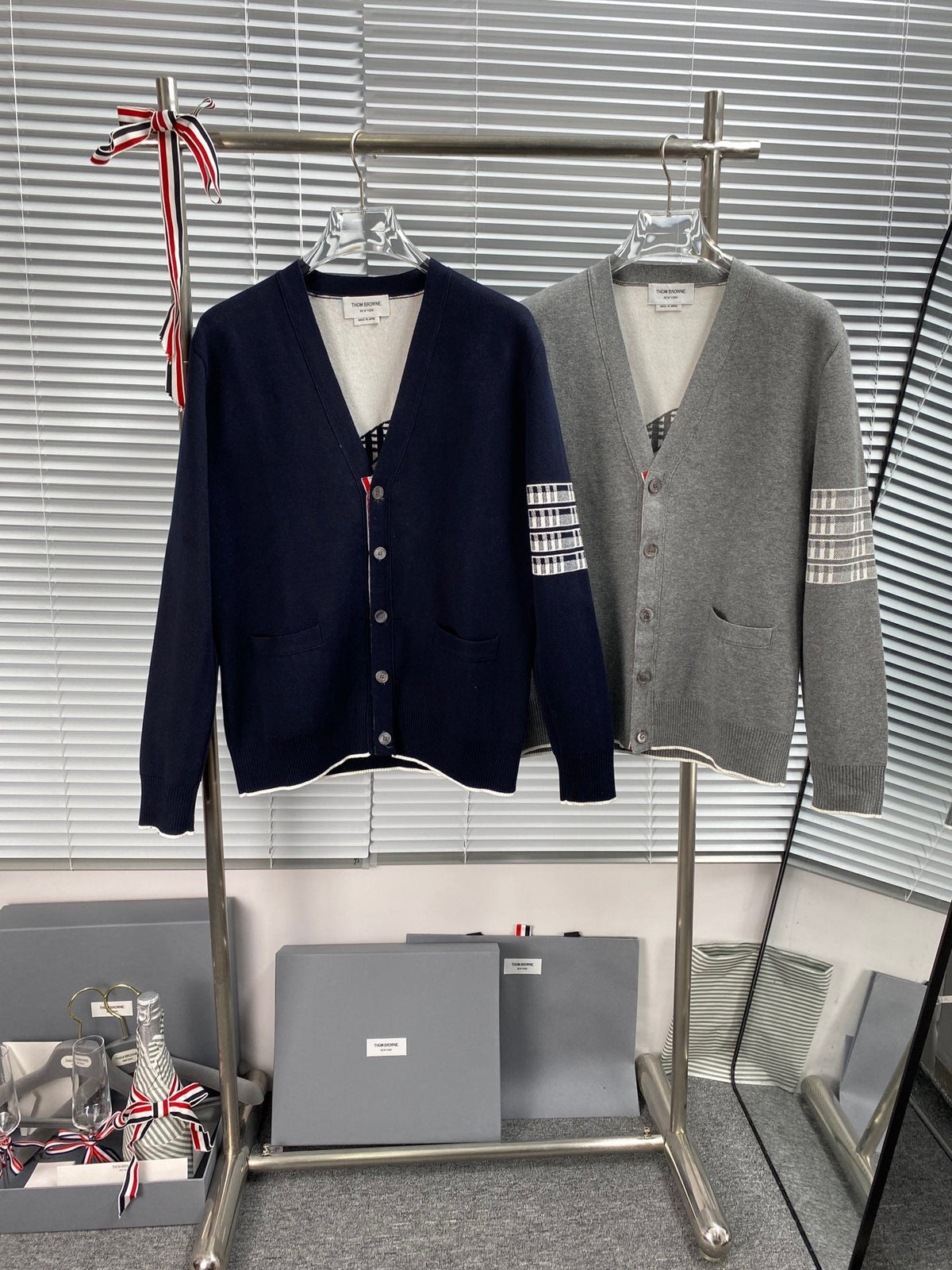 Grey Wool Bar Stripe Cardigan - Men's