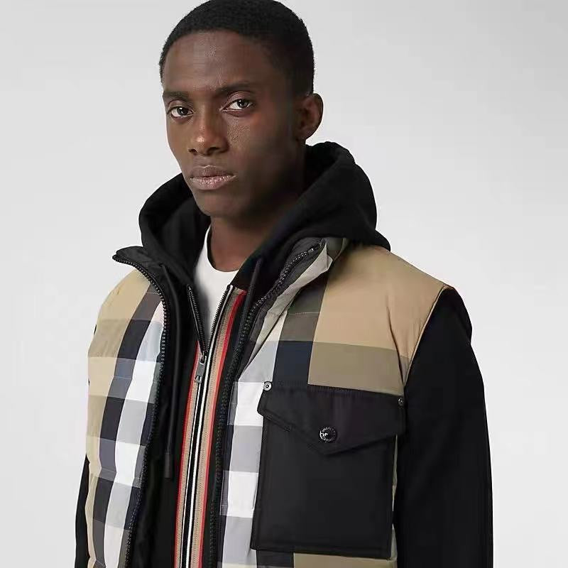 Beige Nylon Check Gilet - Men's