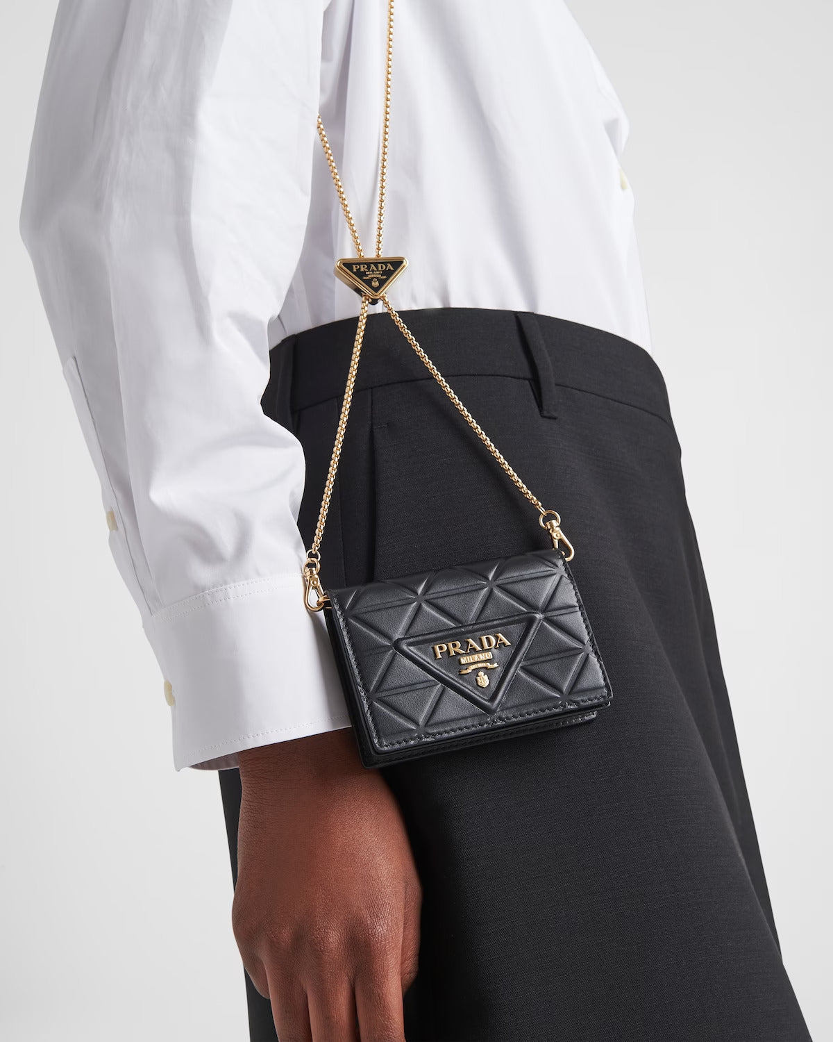 Leather card holder with shoulder strap – product code: 1MR024_2CLU_F0002 Triangles motif Snap closure Metal lettering logo – LUX VERSE Luxury Designer Fashion Outlet