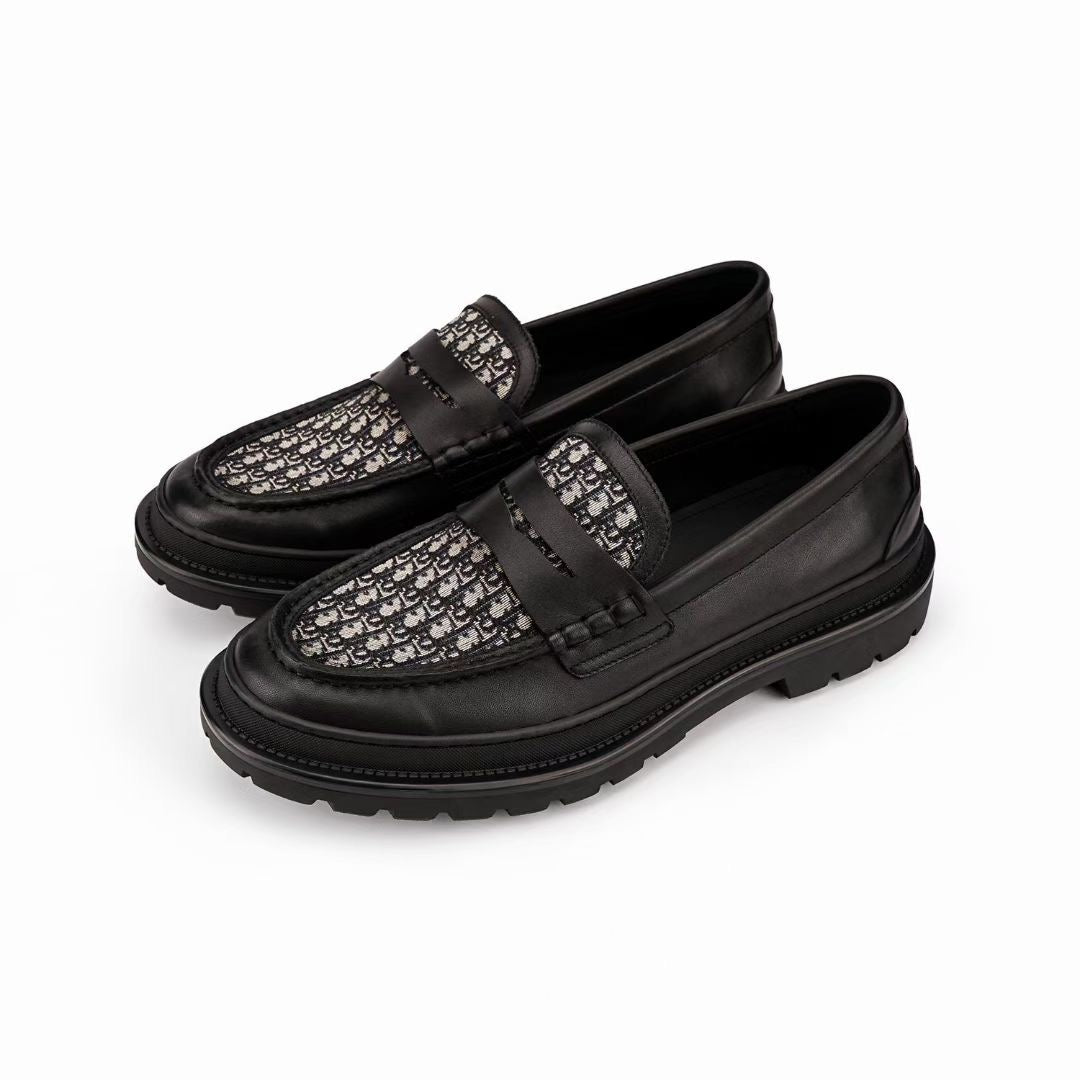 Black Leather Monogram Strap Loafer - Men's