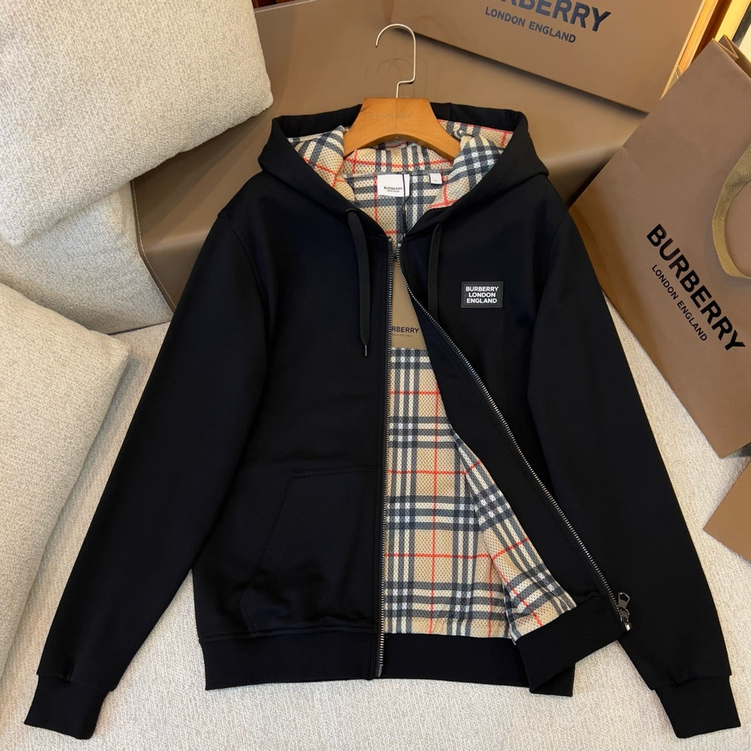 Black Cotton Check Lined Zip-Through - Men's