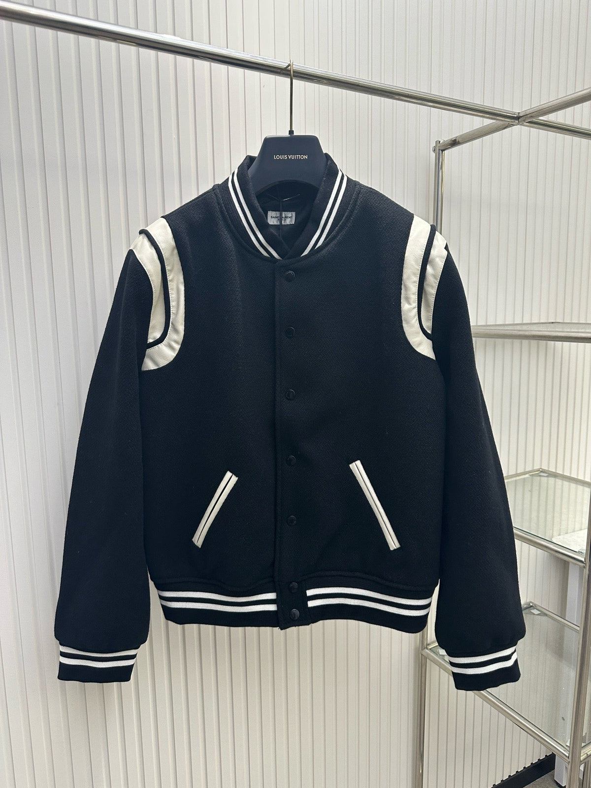 Navy Wool Striped Trim Varsity - Men's