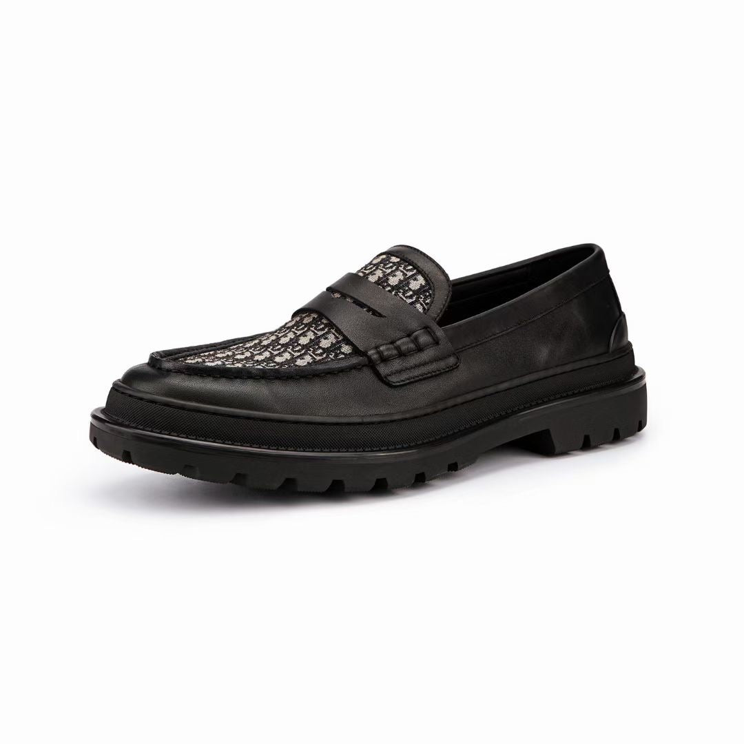 Black Leather Monogram Strap Loafer - Men's