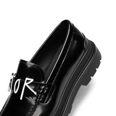 Black Leather Text Strap Loafer - Men's